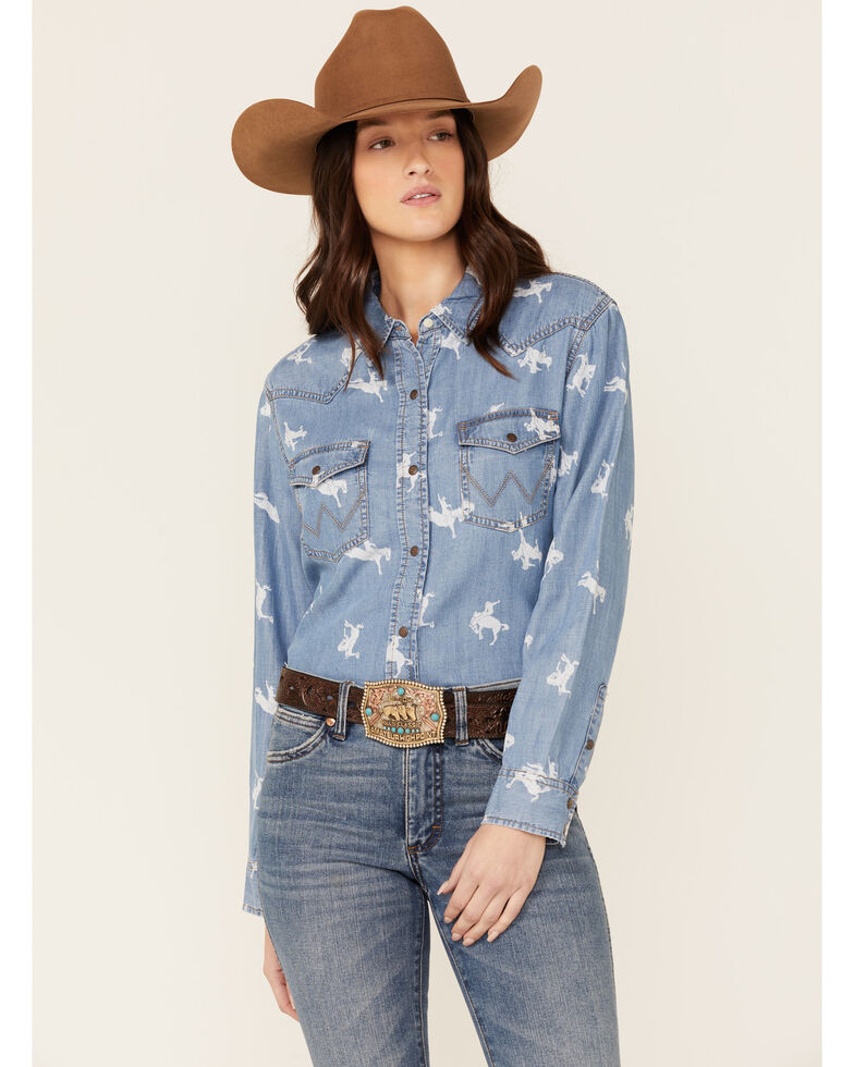Wrangler Women's Horse Print Boyfriend Fit Denim Snap Shirt, Blue, hi-res