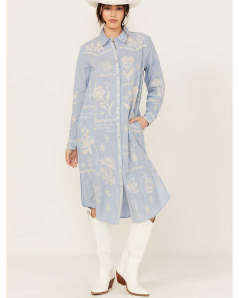 Image #1 - Johnny Was Women's Embroidered Long Sleeve Midi Dress , Blue, hi-res
