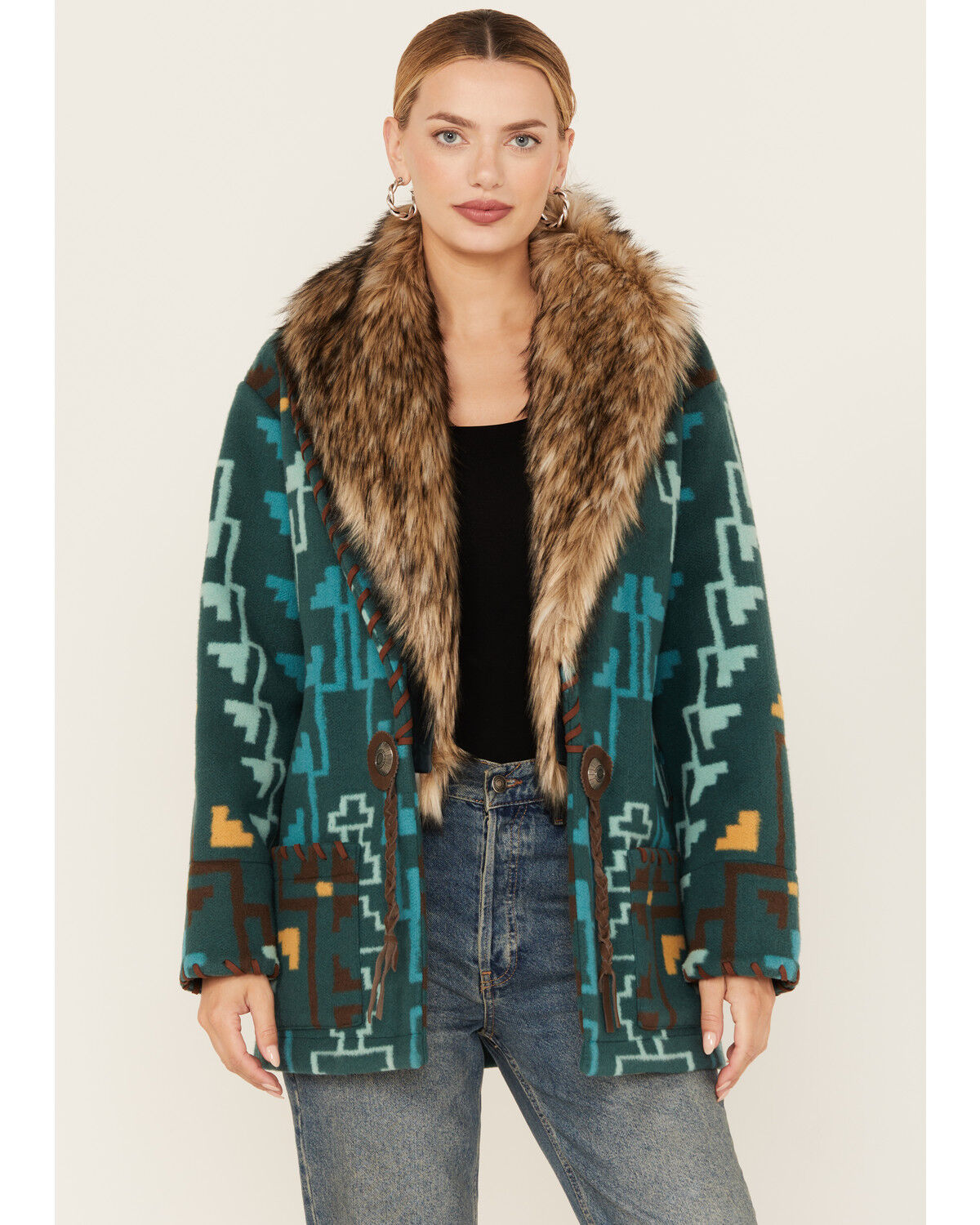 Image #1 - Tasha Polizzi Women's Southwestern Print Blanket Jullian Jacket, Teal, hi-res
