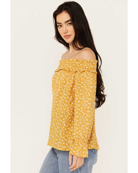 Image #2 - Wild Moss Women's Ditzy Floral Print Long Sleeve Off The Shoulder Shirt , Mustard, hi-res