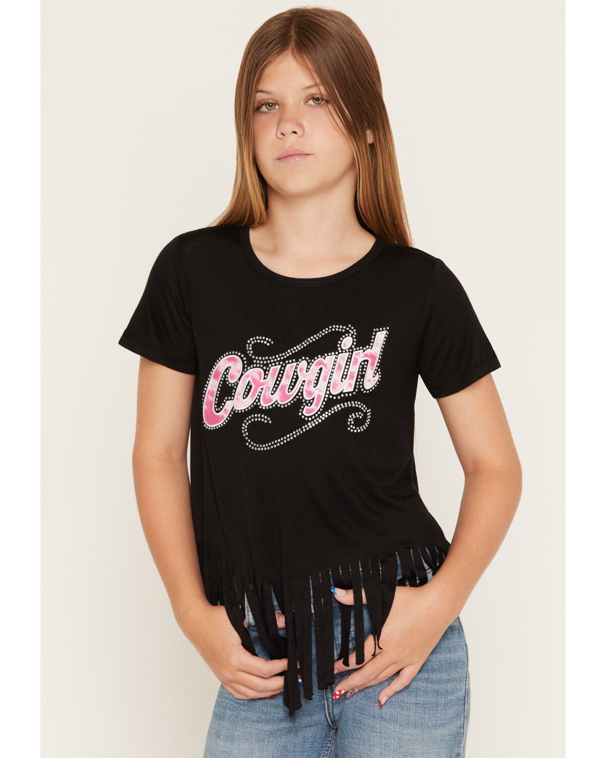 Image #1 - Cowgirl Hardware Girls' Sassy Cowgirl Embellished Fringe Short Sleeve Tee, Black, hi-res