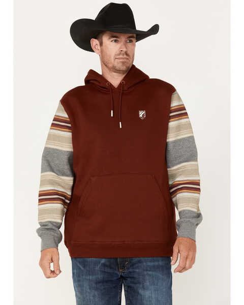 Image #1 - RANK 45® Men's Stripe Sleeve Logo Hooded Sweatshirt, Brick Red, hi-res