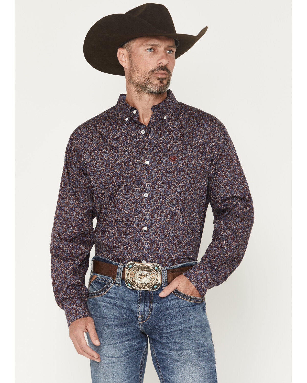 Image #1 - Ariat Men's Wrinkle Free Brendan Floral Print Long Sleeve Button-Down Western Shirt - Tall, Blue, hi-res