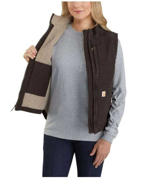Carhartt Women's Taupe Washed Duck Sherpa Lined Vest , Taupe, hi-res