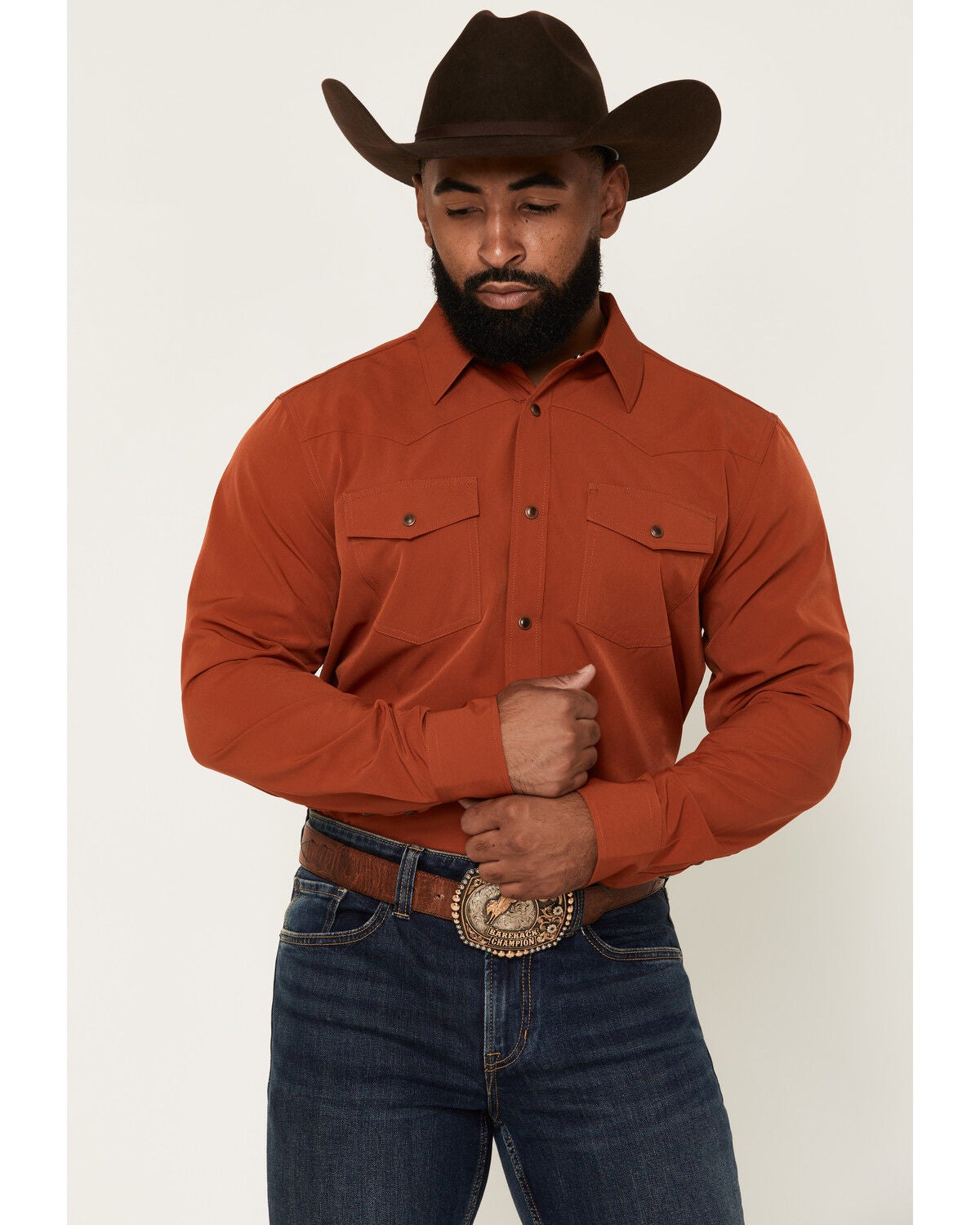 Image #1 - RANK 45&reg; Men's Rodeo Tech 2.0 Remming Solid Long Sleeve Stretch Performance Shirt, Rust Copper, hi-res
