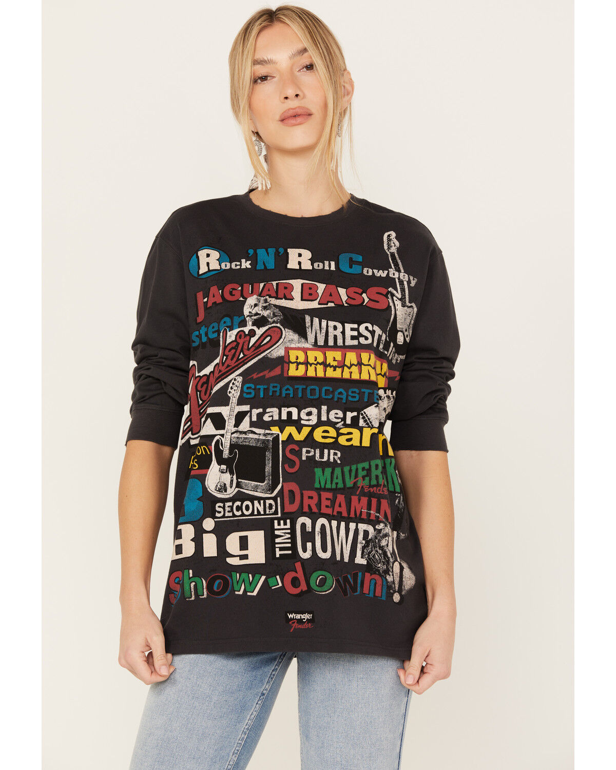 Image #2 - Wrangler X Fender Women's Collage Graphic Sweatshirt, Black, hi-res