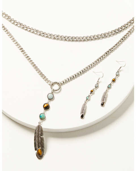 Image #1 - Shyanne Women's Juniper Sky Feather Necklace Earring Set - 2 Piece, Silver, hi-res