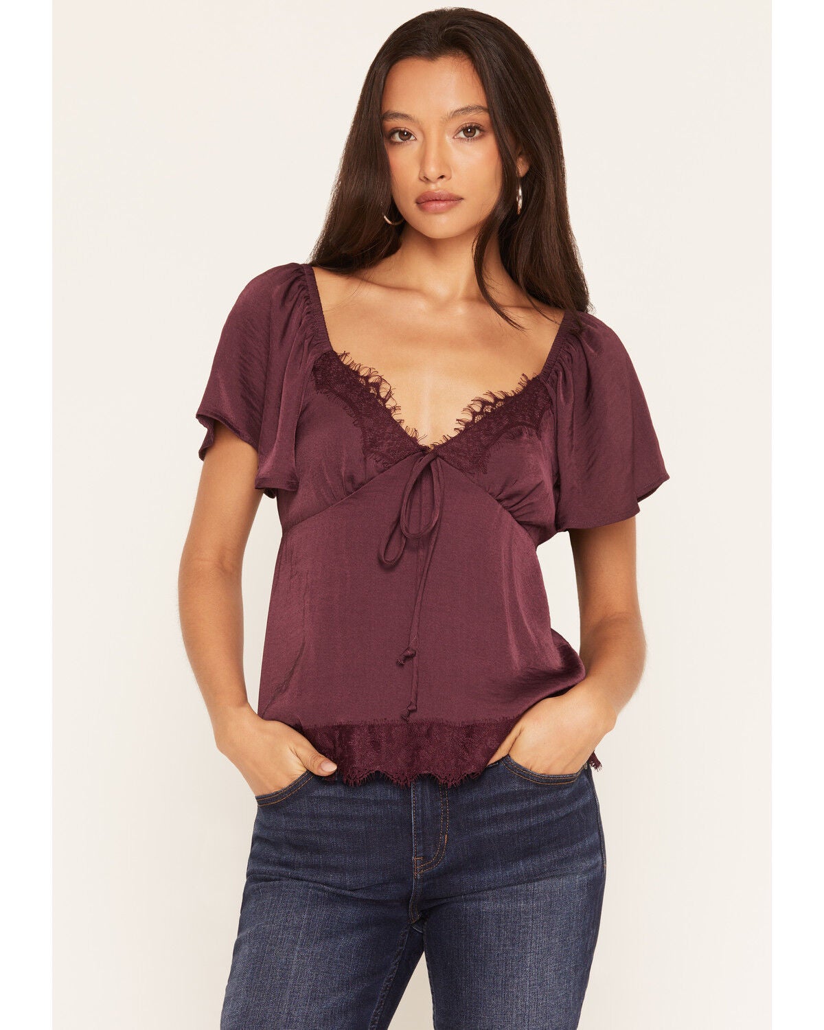 Wild Moss Women's Short Sleeve Lace Inset Top, Wine, hi-res