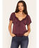Image #1 - Wild Moss Women's Short Sleeve Lace Inset Top, Wine, hi-res