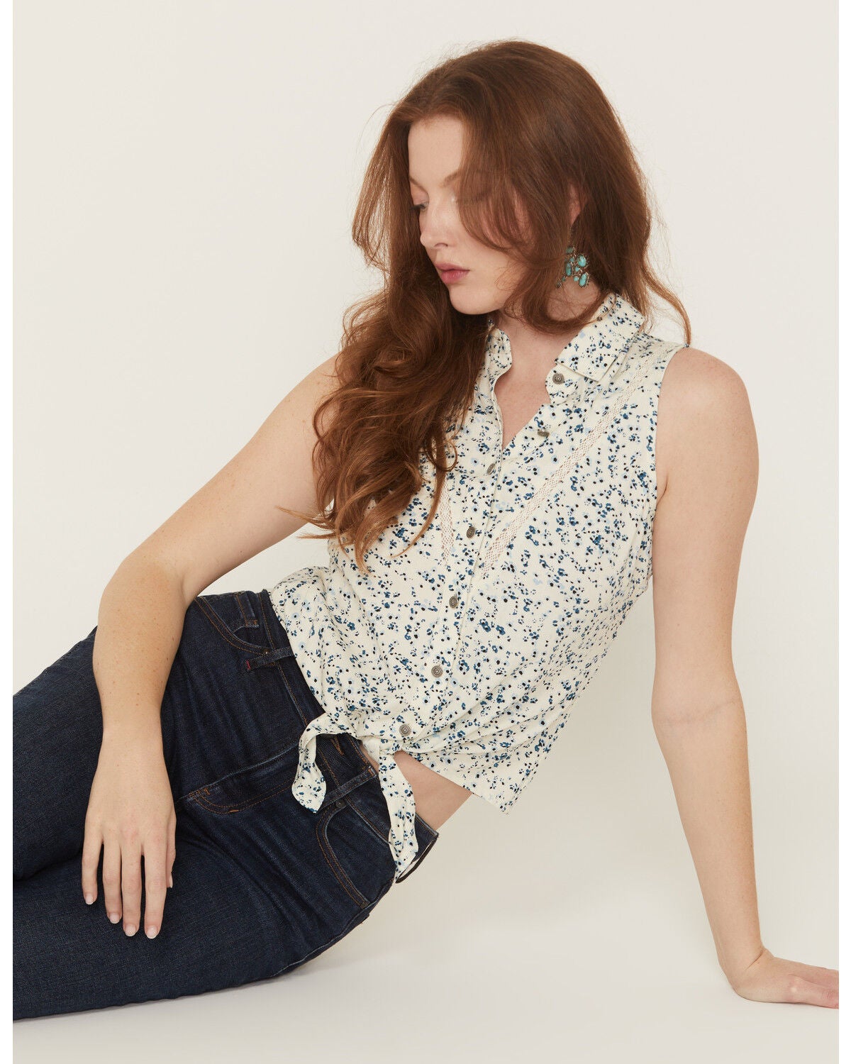 Image #1 - Idyllwind Women's Saffron Floral Print Sleeveless Button-Down Western Shirt, Cream, hi-res