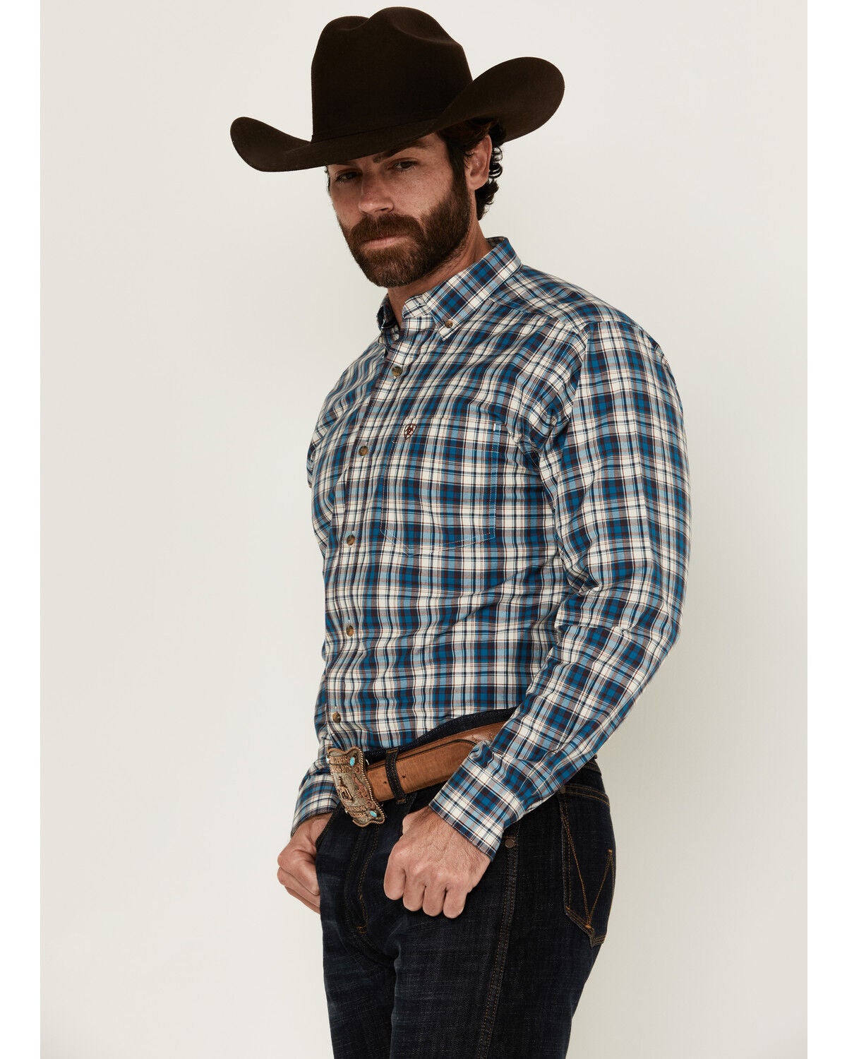 Ariat Men's Parrin Plaid Print Long Sleeve Button-Down Western Shirt, Teal