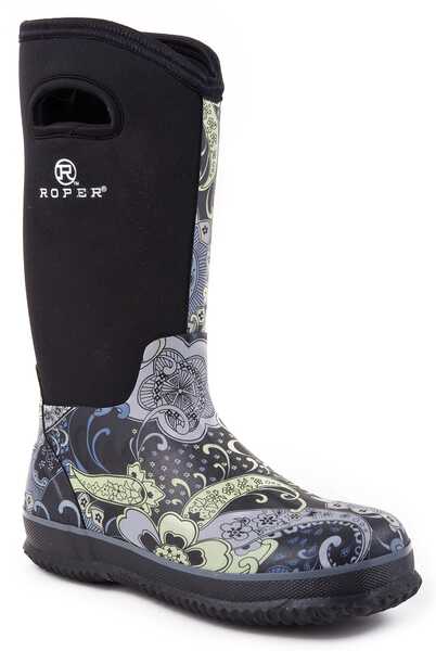 Roper Women's Neoprene Shaft Rubber Boots - Round Toe, Black, hi-res