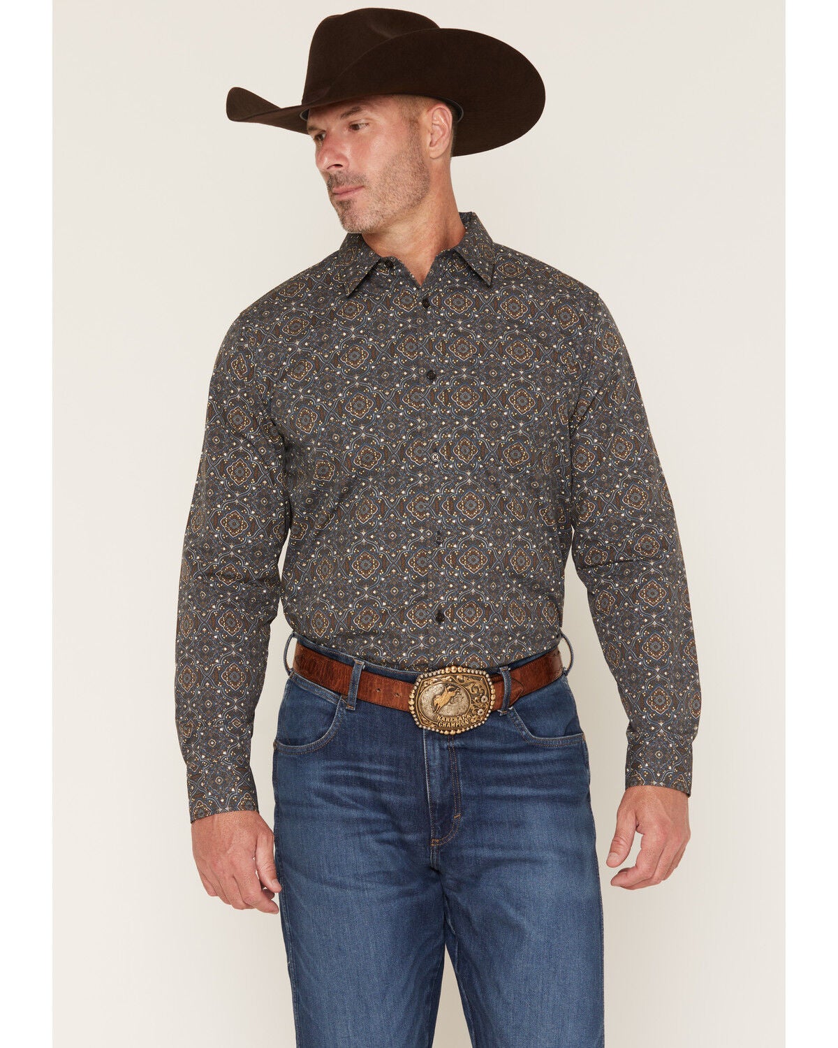 Image #1 - Gibson Trading Co Men's After Hours Medallion Print Long Sleeve Button-Down Western Shirt, Navy, hi-res