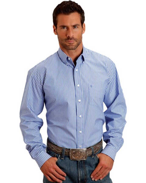 Image #1 - Stetson Men's Open One Pocket Striped Long Sleeve Button Down Western Shirt, Blue, hi-res