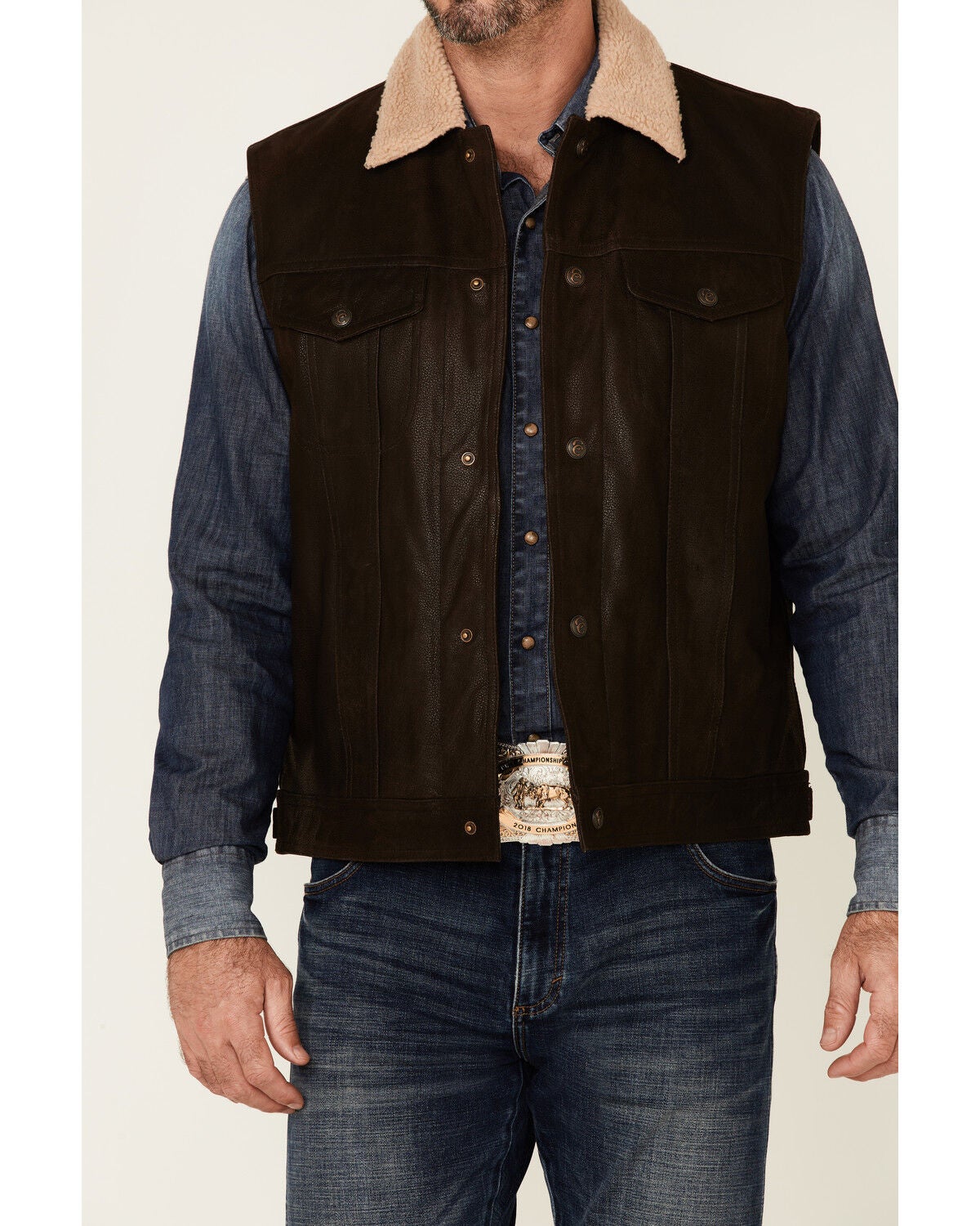 Image #3 - Cripple Creek Men's Mocha Lightweight Buffalo Nappa Snap-Front Leather Vest, , hi-res