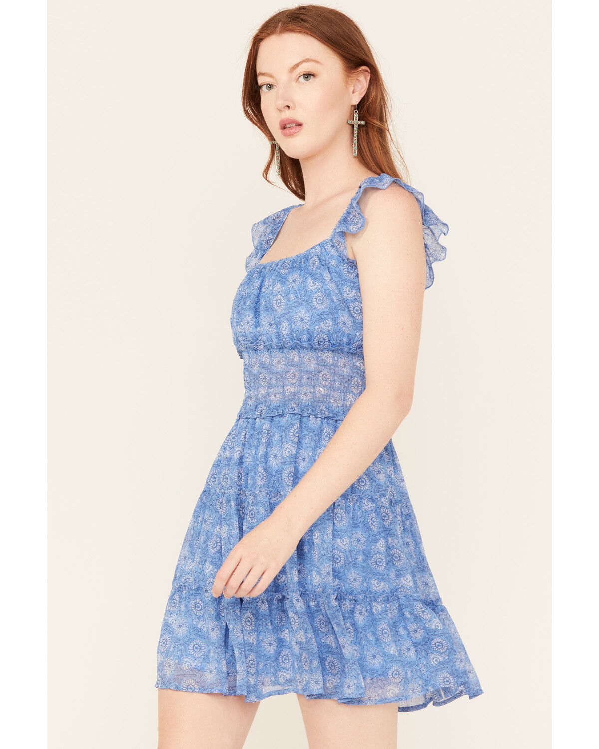 Image #2 - Trixxi Women's Floral Print Smocked Waist Mini Dress, Blue, hi-res