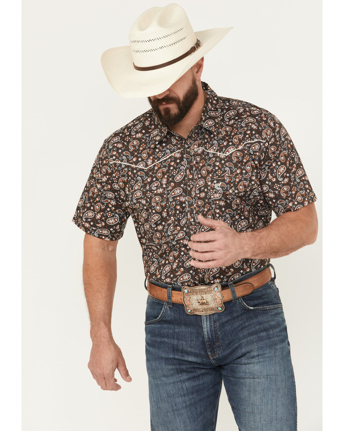 Image #1 - Cowboy Hardware Men's Paisley Print Short Sleeve Snap Stretch Western Shirt, Black, hi-res