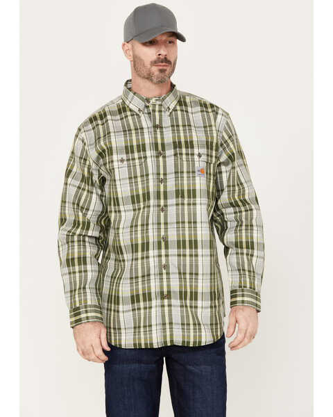 Carhartt Men's FR Force Loose Fit Twill Plaid Print Long Sleeve Button Down Work Shirt, Olive, hi-res