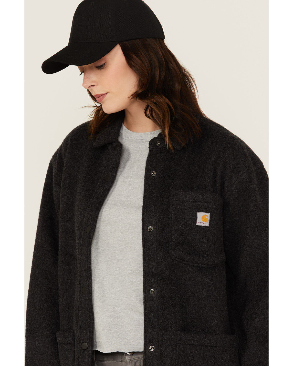 Image #2 - Carhartt Women's Loose Fit Fleece Shacket, Black, hi-res