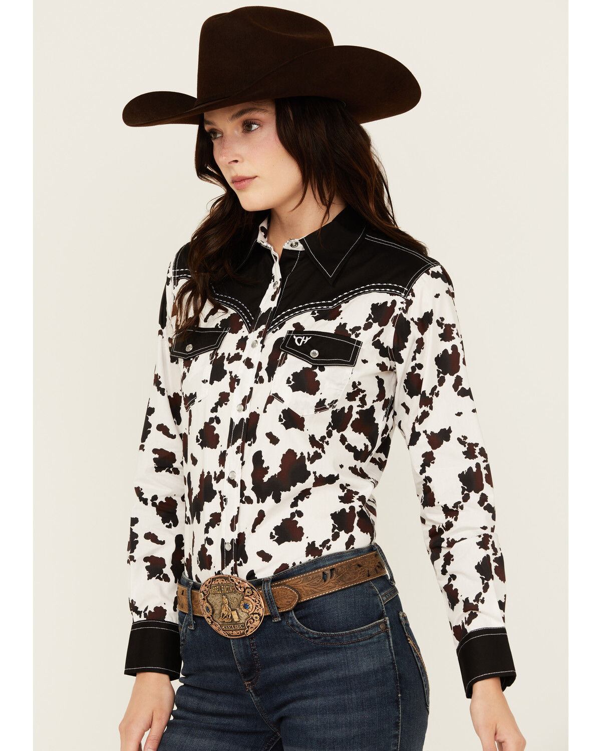 Image #2 - Cowgirl Hardware Women's Cow Print Long Sleeve Snap Western Shirt, Black/white, hi-res