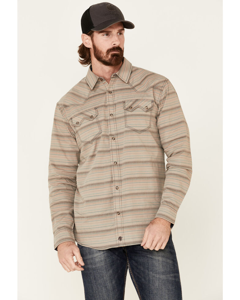 Moonshine Spirit Men's Teepee Southwestern Dobby Striped Long Sleeve Western Shirt , Tan, hi-res