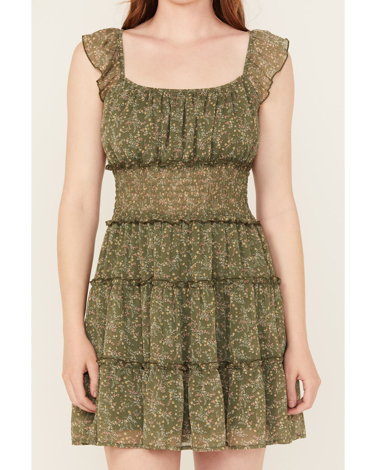 Image #3 - Trixxi Women's Floral Print Sleeveless Mini Dress, Olive, hi-res