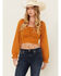 Image #1 - Beyond The Radar Women's Floral Lace Long Sleeve Tie Back Cropped Shirt, Gold, hi-res