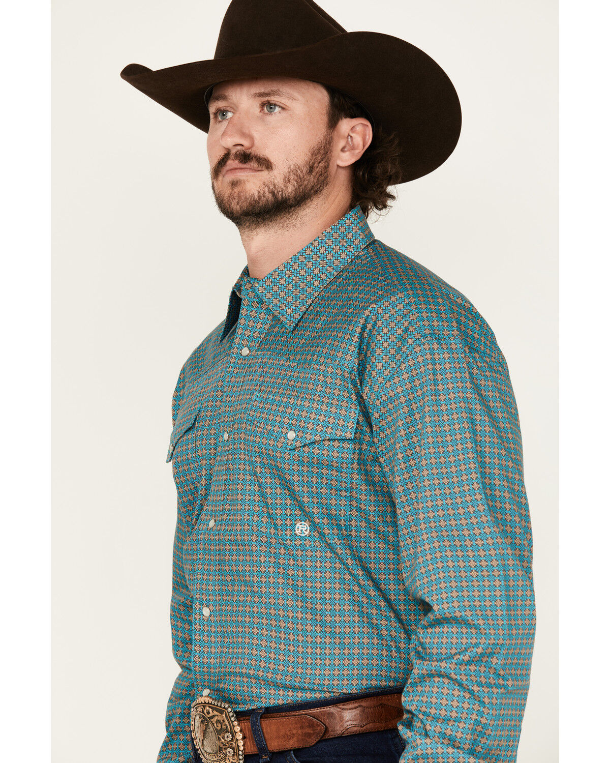 Image #2 - Roper Men's Amarillo Geo Print Long Sleeve Pearl Snap Western Shirt, Turquoise, hi-res
