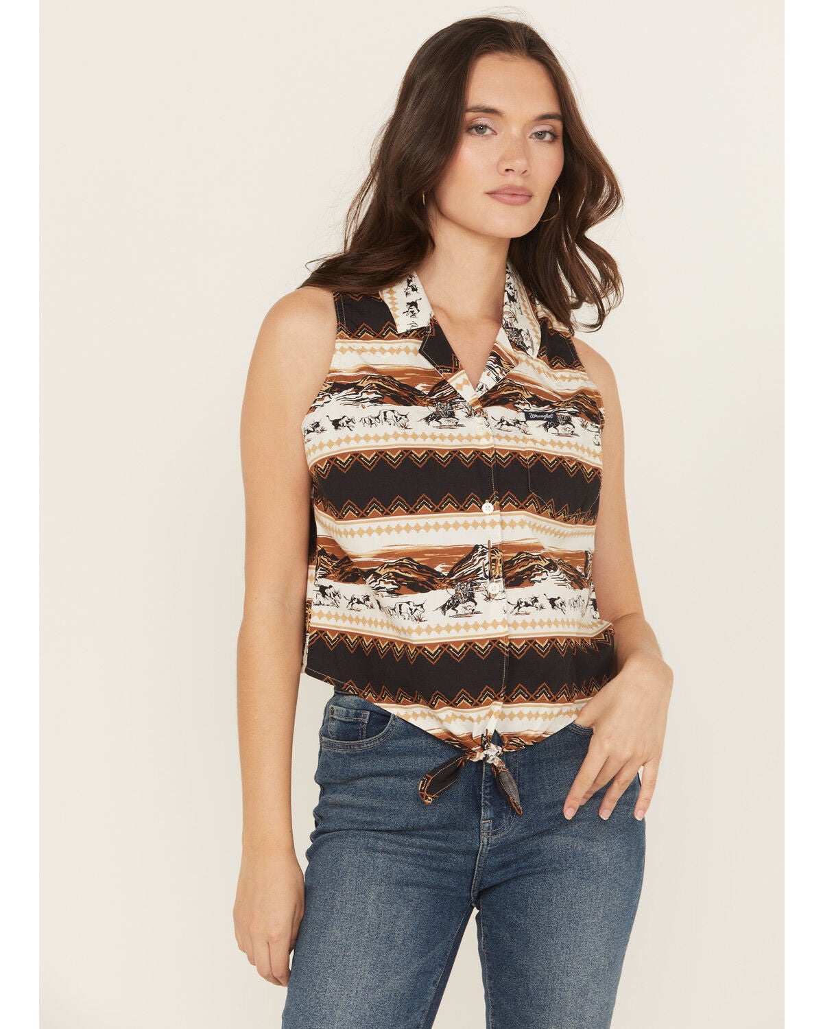 Wrangler Retro Women's Southwestern Print Sleeveless Button-Down Tie-Front Western Shirt, Brown, hi-res