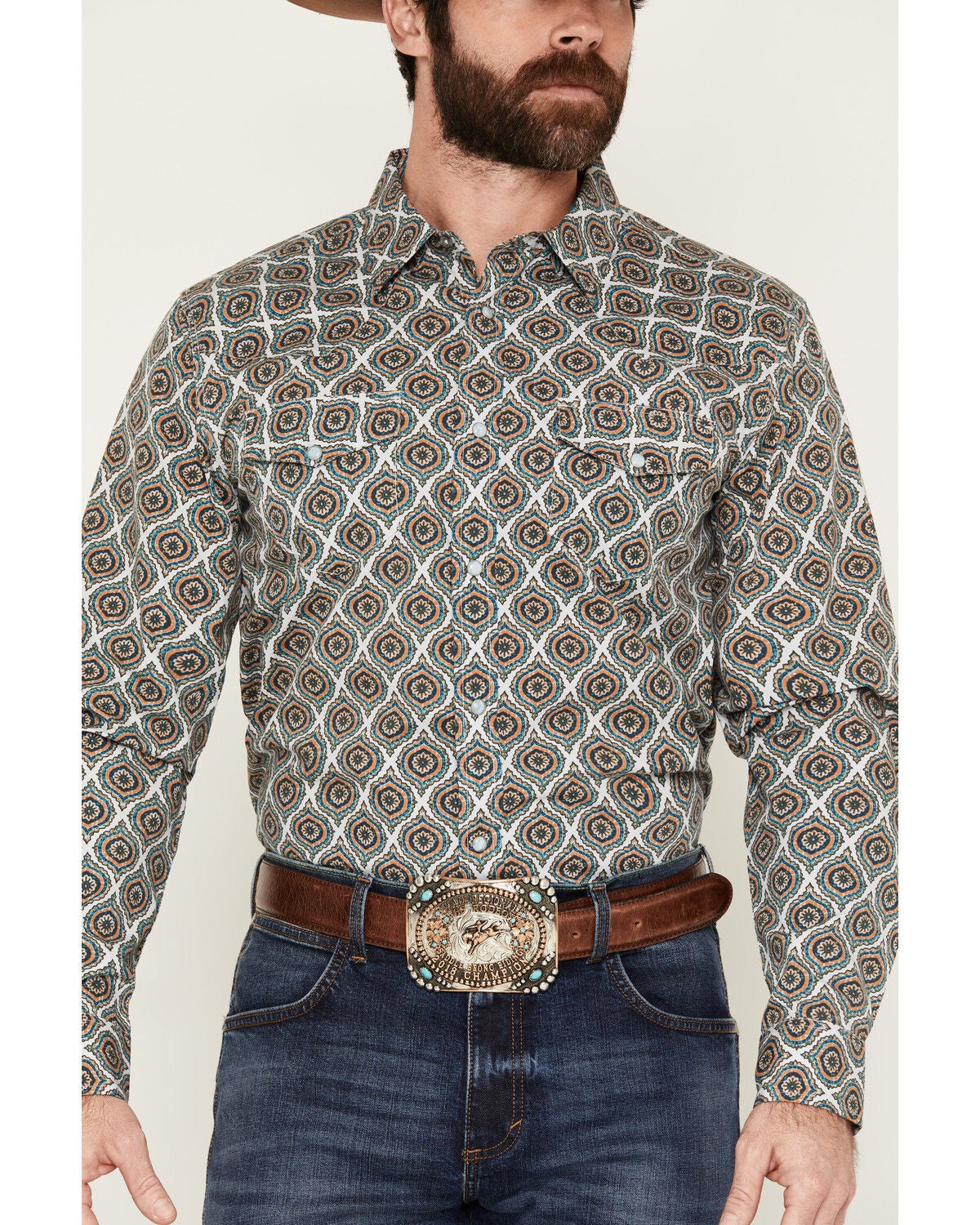 Image #3 - Gibson Trading Co Men's Vintage Medallion Print Long Sleeve Snap Western Shirt, Blue, hi-res