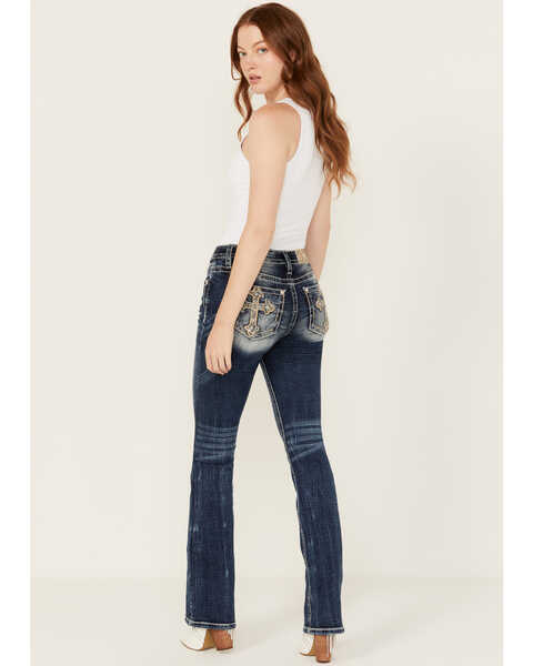 Image #1 - Miss Me Women's Dark Wash Cross Pocket Mid Rise Bootcut Stretch Denim Jeans , Dark Wash, hi-res