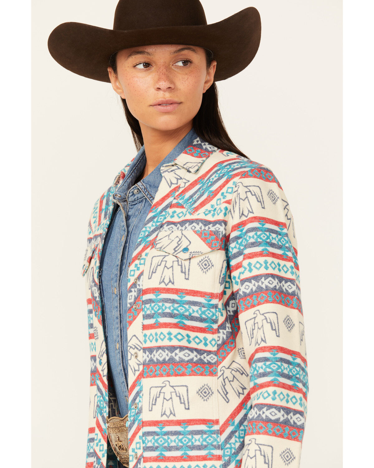 Image #2 - Outback Trading Co Women's Lorelei Southwestern Thunderbird Print Long Sleeve Snap Performance Shirt, Tan, hi-res