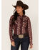 Wrangler Women's Serape Stripe Print Long Sleeve Western Pearl Snap Shirt, Wine, hi-res