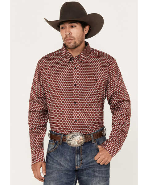 Image #1 - RANK 45® Men's Timing Geo Print Long Sleeve Button-Down Western Shirt, Red, hi-res