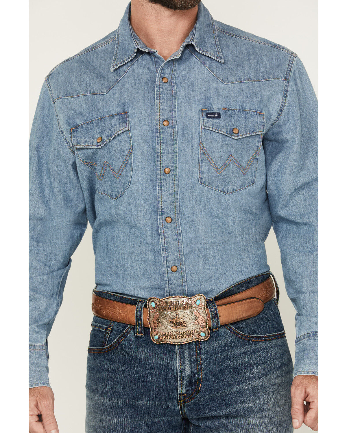 Image #3 - Wrangler Men's Light Wash Denim Long Sleeve Snap Western Shirt - Tall, Light Wash, hi-res