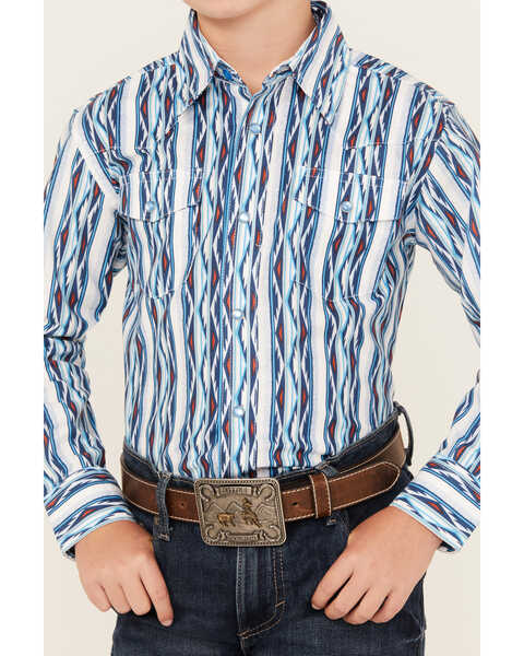 Image #3 - Wrangler Boys' Checotah Striped Long Sleeve Pearl Snap Western Shirt, Blue, hi-res