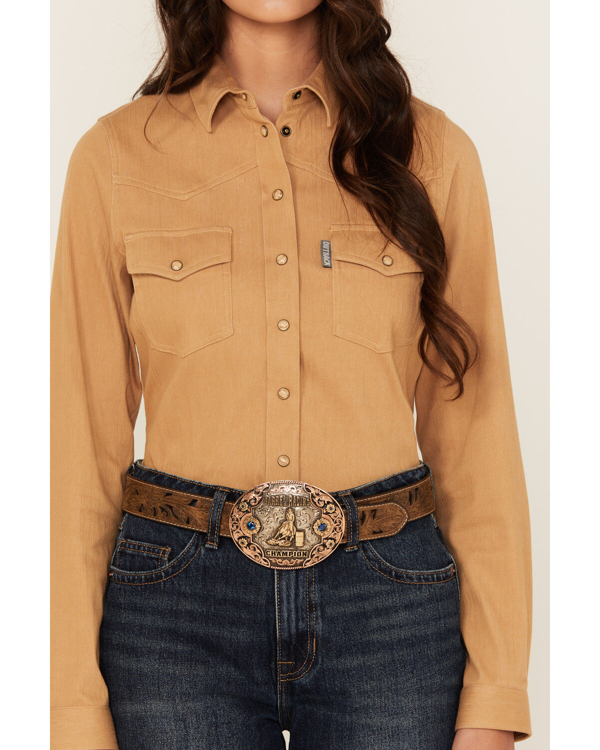 Image #4 - Outback Trading Co Women's Solid Knit Long Sleeve Snap Western Shirt, Tan, hi-res