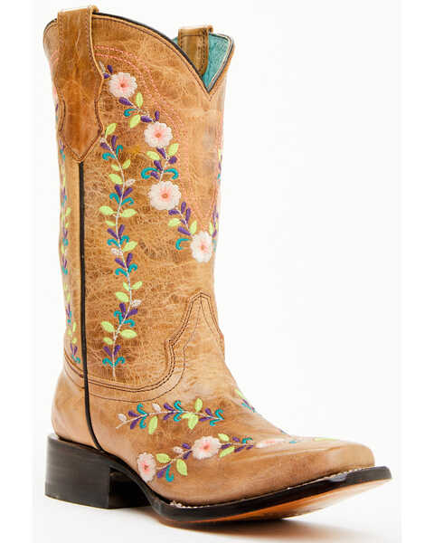 Image #1 - Corral Girls' Floral Embroidered Blacklight Western Boots - Square Toe , Honey, hi-res