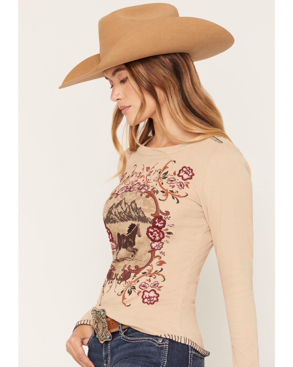 Image #2 - Shyanne Women's Horse Embroidered Long Sleeve Graphic Top, Khaki, hi-res
