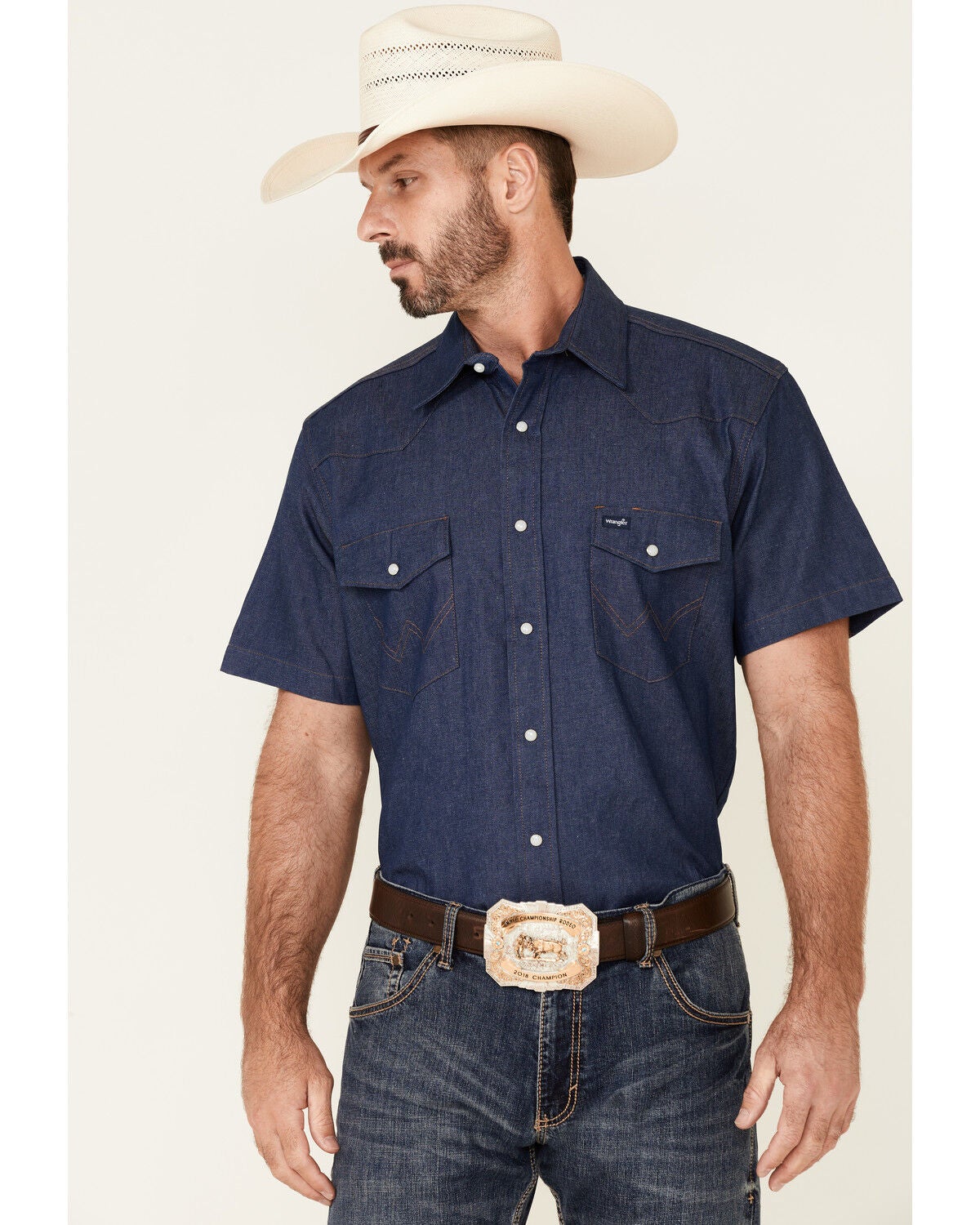Image #1 - Wrangler Men's Cowboy Cut&reg; Firm Finish Denim Short Sleeve Snap Western Work Shirt, Navy, hi-res