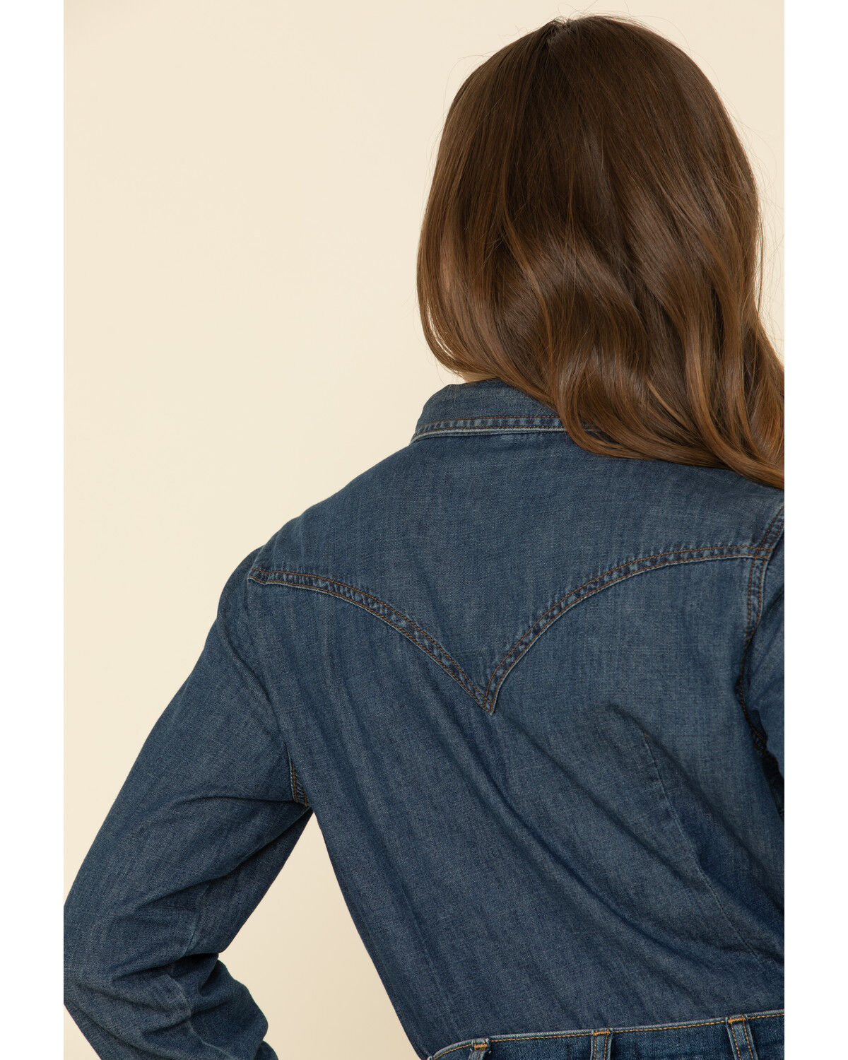 Image #5 - Wrangler Women's Dark Wash Long Sleeve Pearl Snap Denim Western Shirt, Blue, hi-res