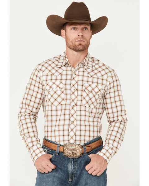 Wrangler Retro Men's Plaid Print Long Sleeve Snap Western Shirt, Brown, hi-res