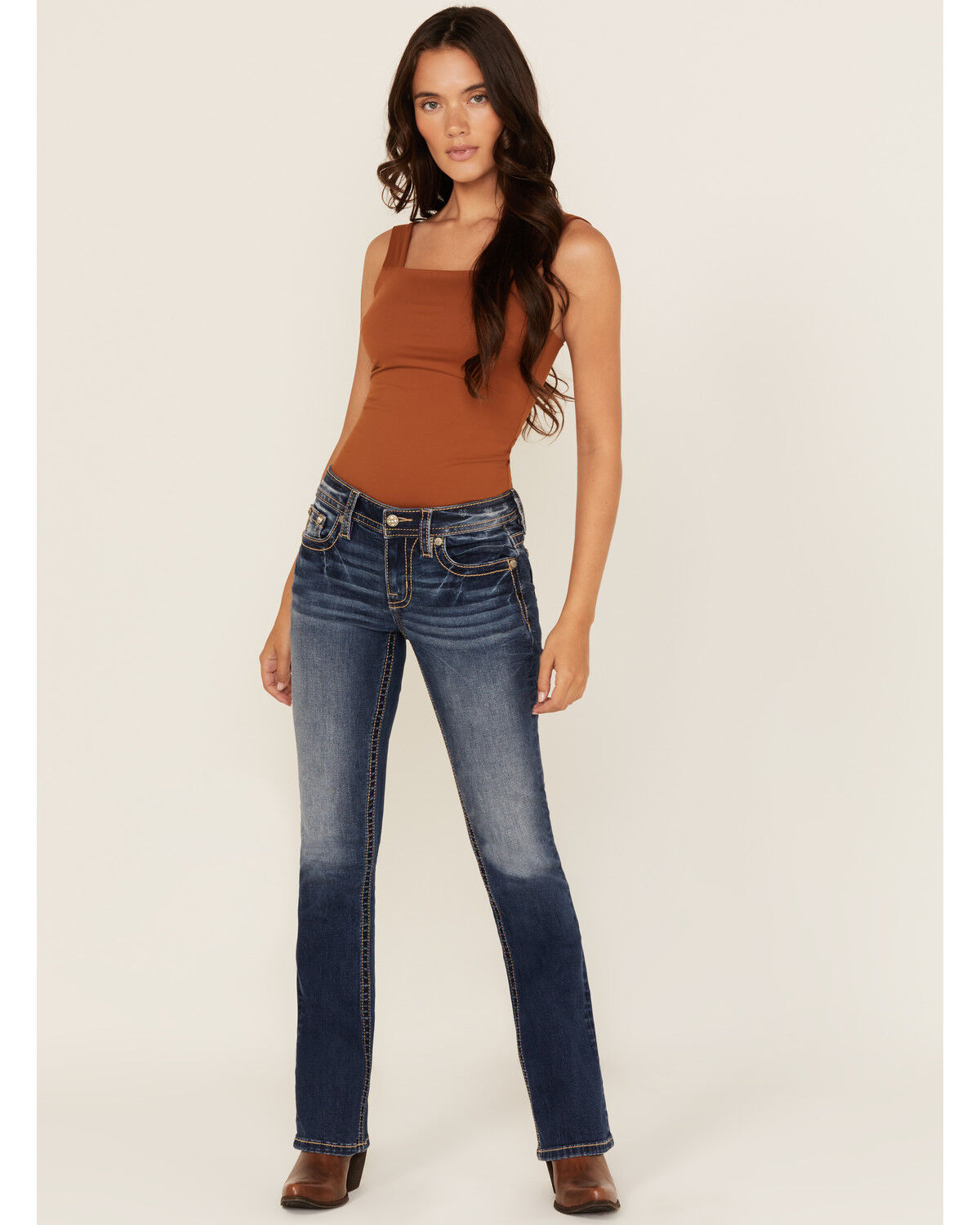 Image #3 - Miss Me Women's Dark Wash Mid Rise Leaf Pocket Bootcut Stretch Denim Jeans, Dark Wash, hi-res