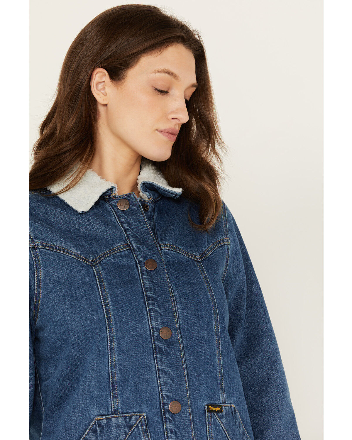 Image #2 - Wrangler Women's Medium Wash Denim Sherpa Lined Barn Coat, Medium Wash, hi-res