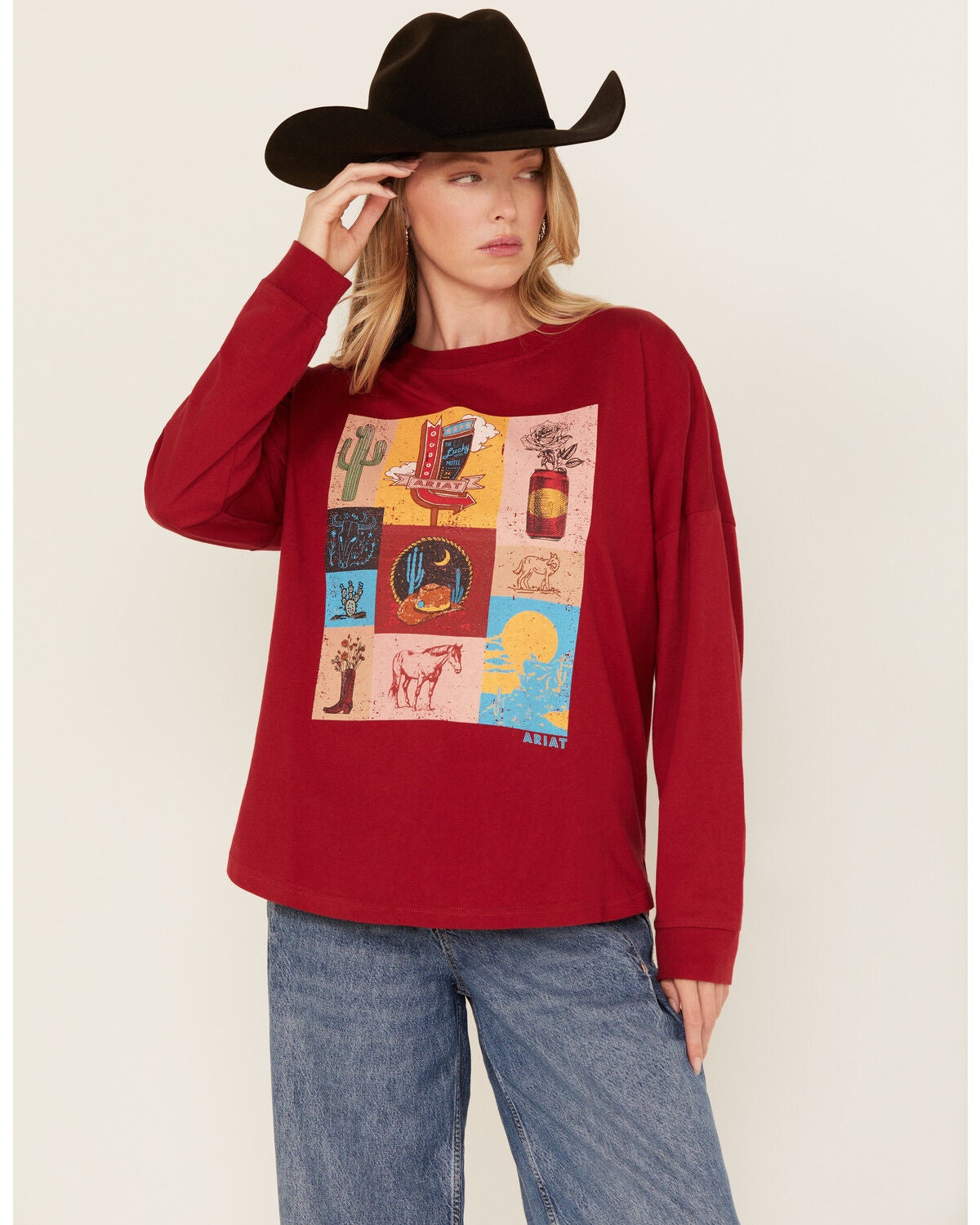 Ariat Women's Desert Graphic Long Sleeve Graphic Shirt, Red, hi-res