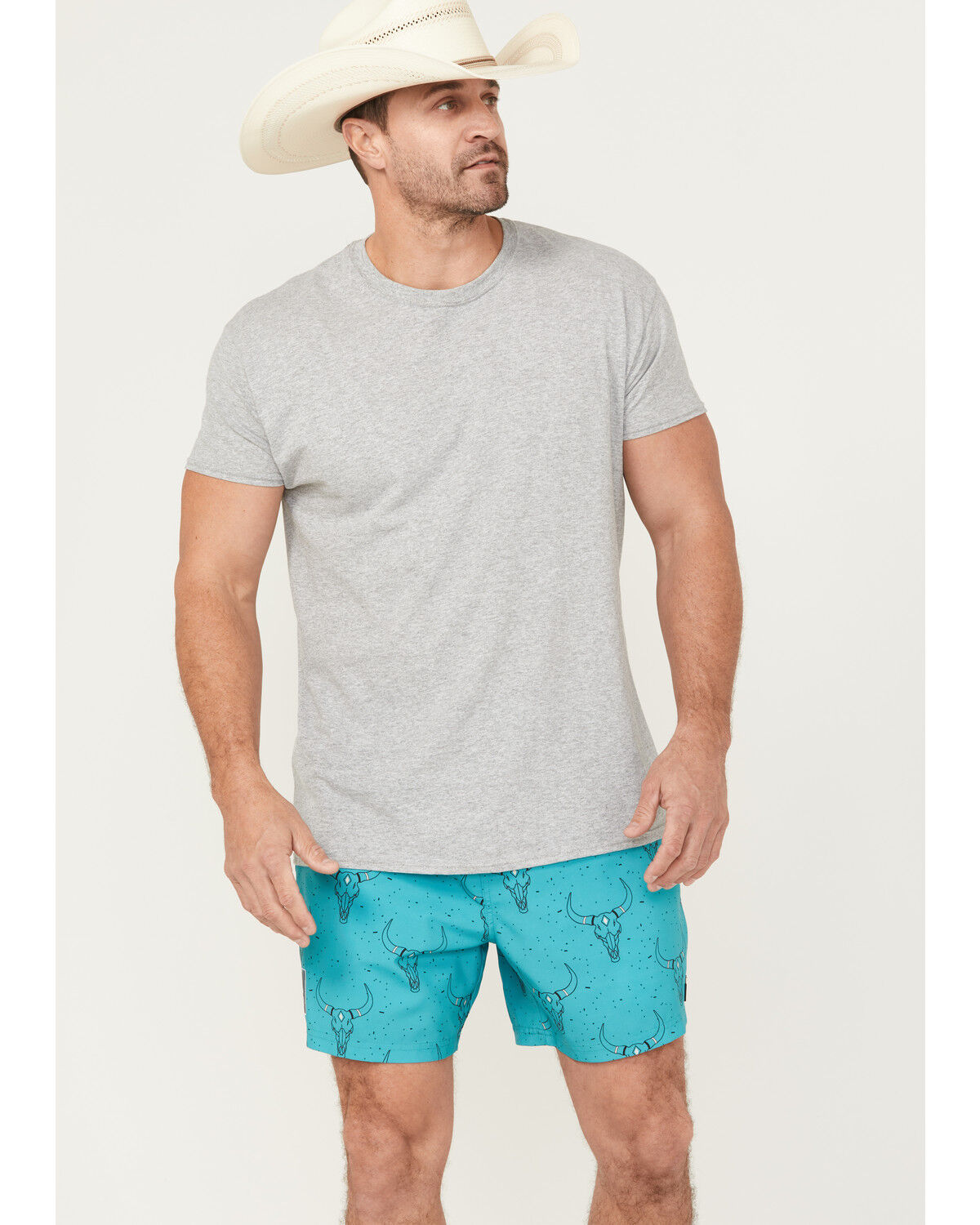 Image #1 - Rock & Roll Denim Men's Caribbean Long Horn Stretch Volley Shorts, Turquoise, hi-res