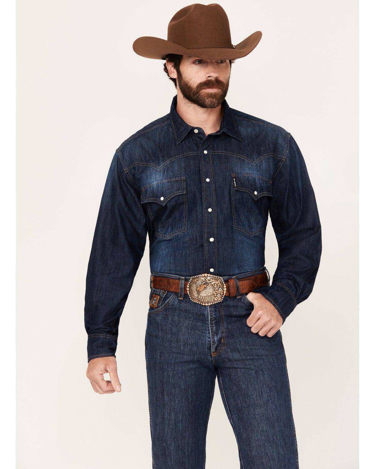 Cinch Men's Denim Long Sleeve Western Snap Shirt, Indigo, hi-res