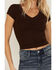 Image #3 - Shyanne Women's V Neck Short Sleeve Stretch Knit Top, Dark Brown, hi-res
