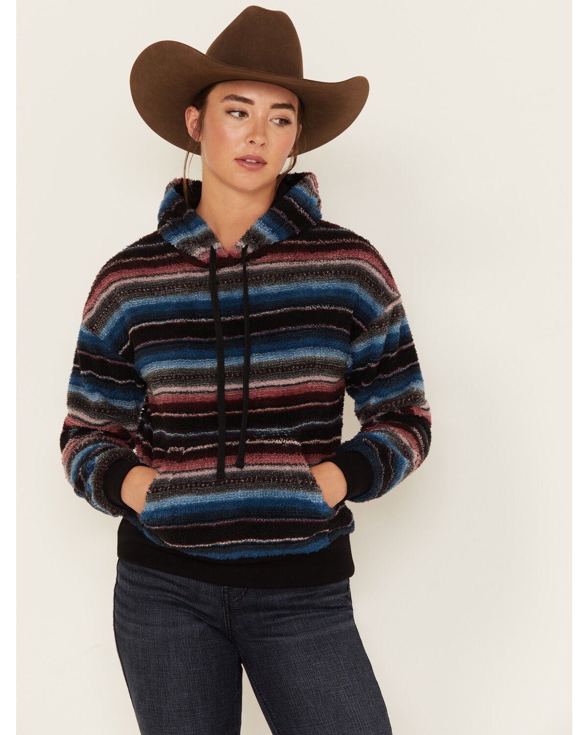 RANK 45&reg; Women's Serape Stripe Plush Fleece Hoodie, Black, hi-res