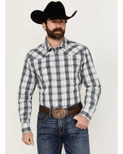 Image #1 - Wrangler Retro Men's Premium Plaid Print Long Sleeve Snap Western Shirt - Tall , Blue, hi-res